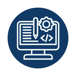 WEBサイト制作や改善作業を表すモニターとペン、歯車のアイコン