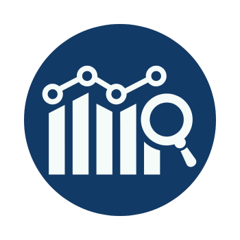 データ分析と成果可視化をイメージしたグラフと虫眼鏡のアイコン